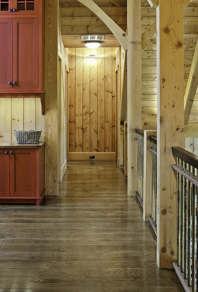 Pine tongue and groove paneling and white oak flooring from Hull Forest Products.