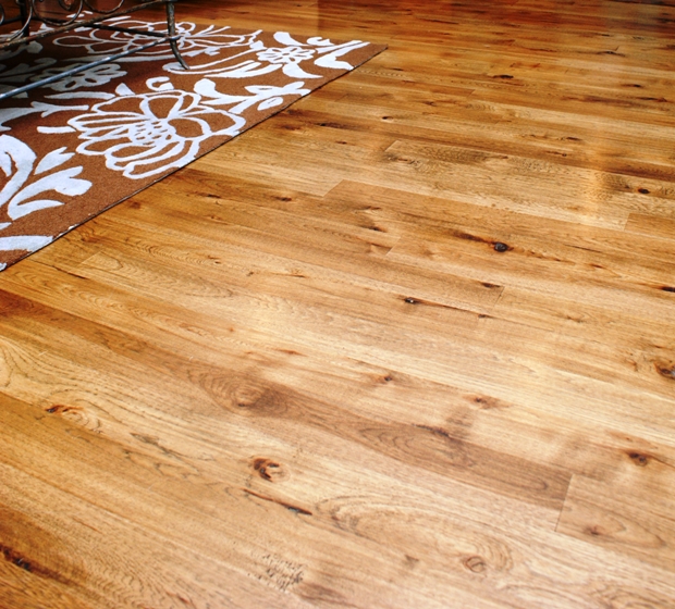 Hickory wide plank flooring, natural grade.