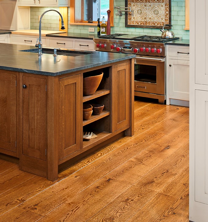 Modern kitchen with wide plank live sawn wood floors